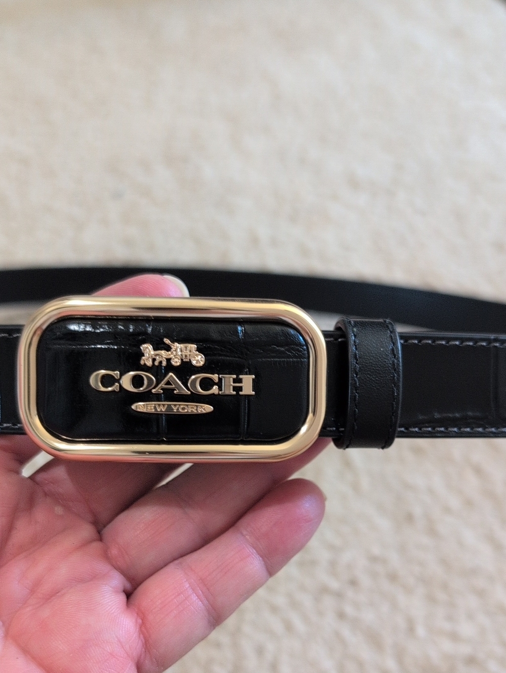 NWOT Cut To Desired Length Coach Black Leather Belt w Gold Logo Buckle